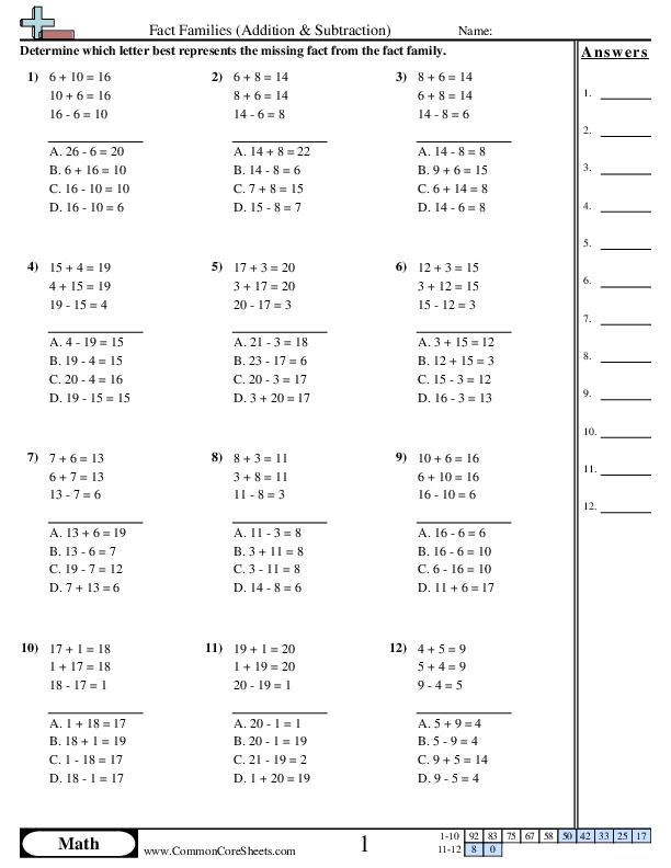 Fact Family Worksheets - Find Missing Fact (Multiple Choice) worksheet
